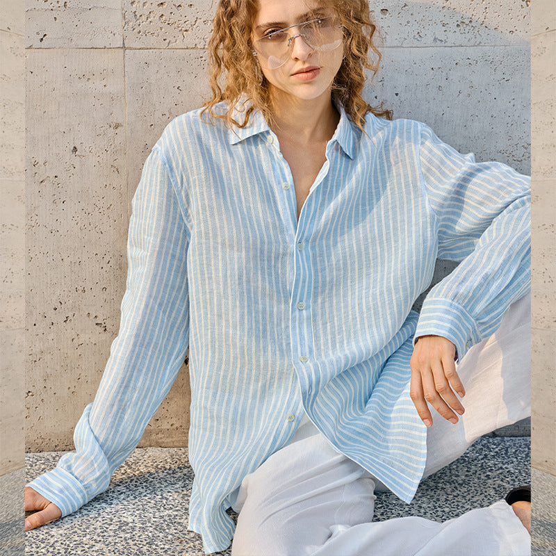Women's linen check long-sleeved loose-fitting collar shirt