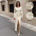 Womens Solid Color Square Neck Knit Bodycon Slit Dress