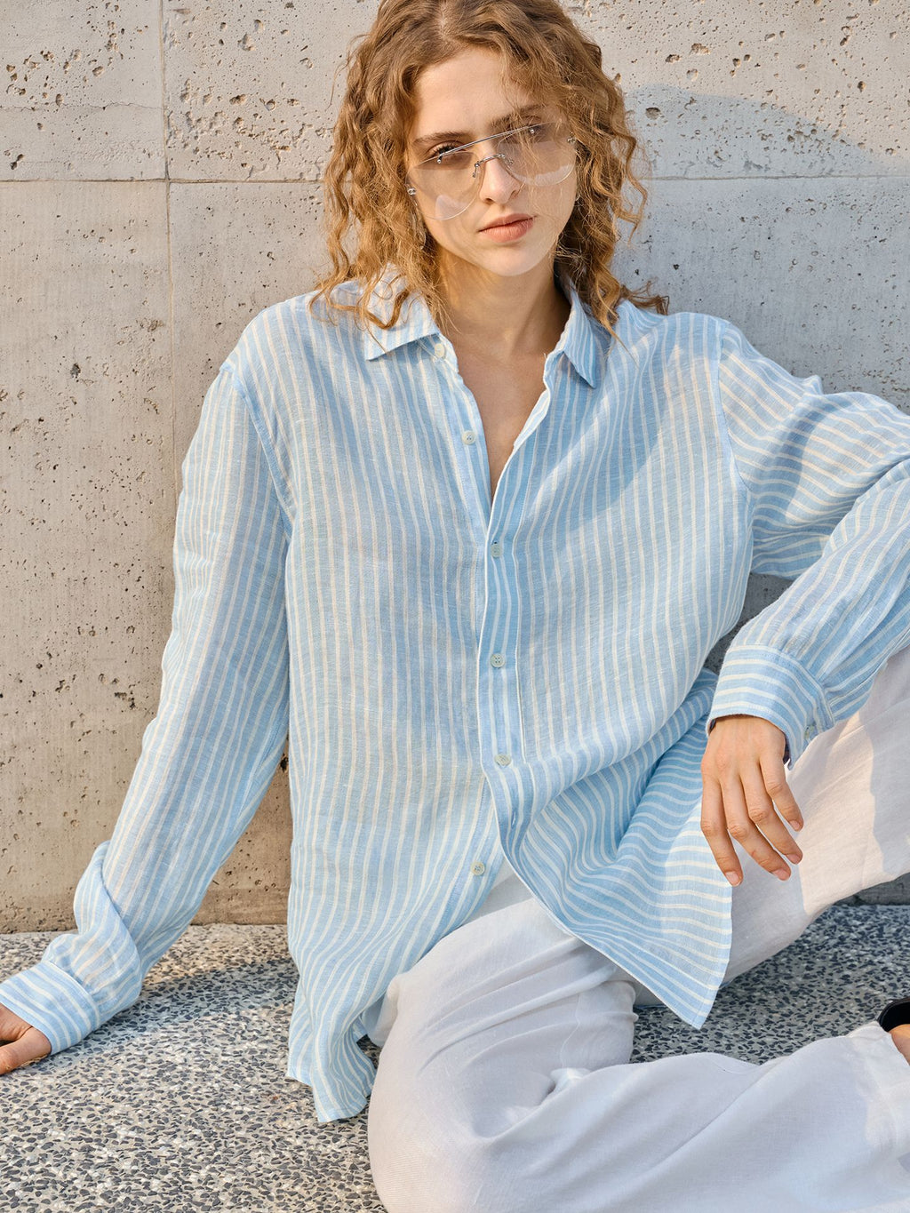 Women's linen check long-sleeved loose-fitting collar shirt