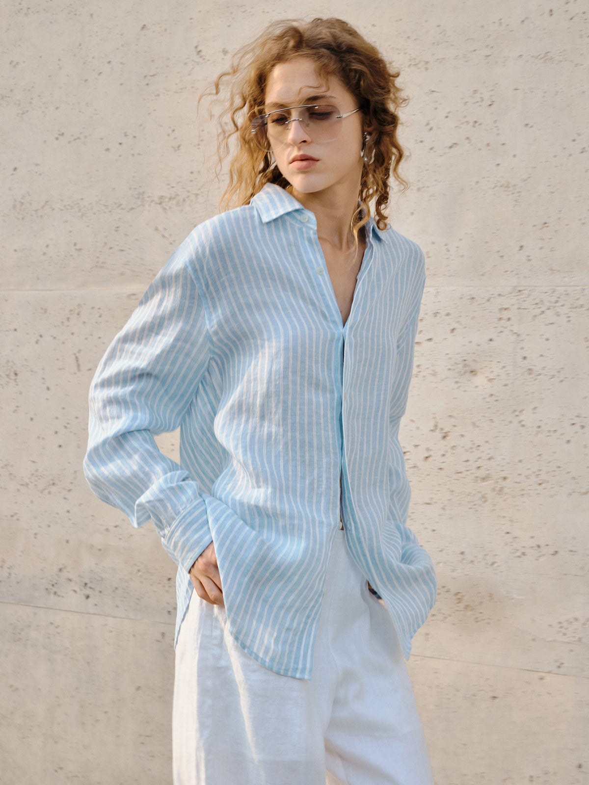 Women's linen check long-sleeved loose-fitting collar shirt