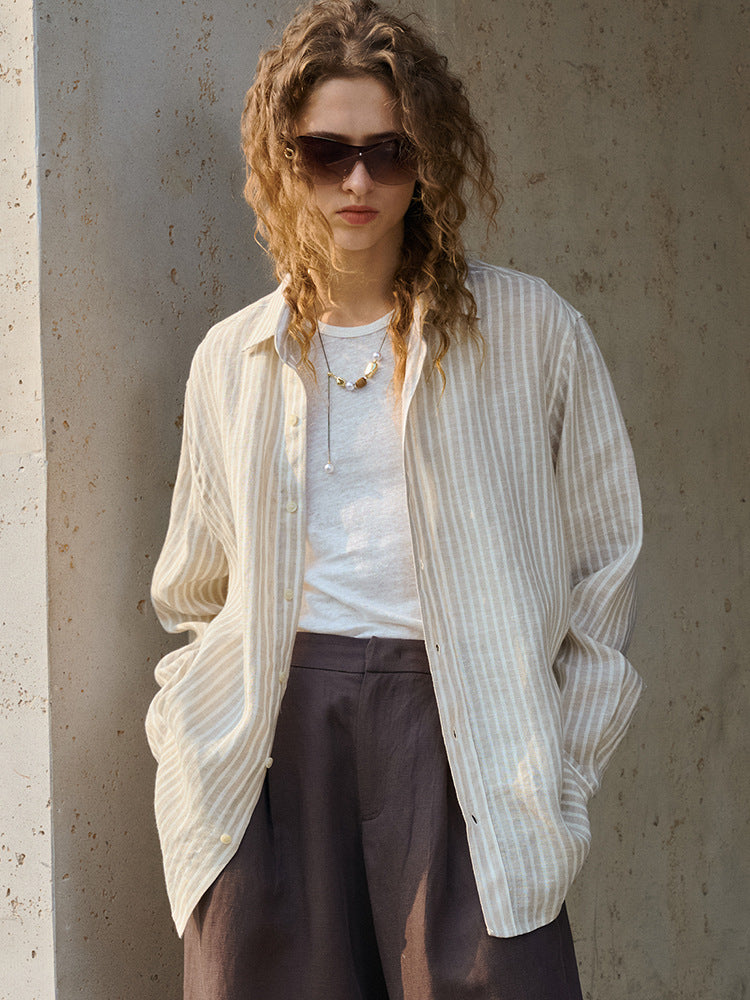 Women's linen check long-sleeved loose-fitting collar shirt