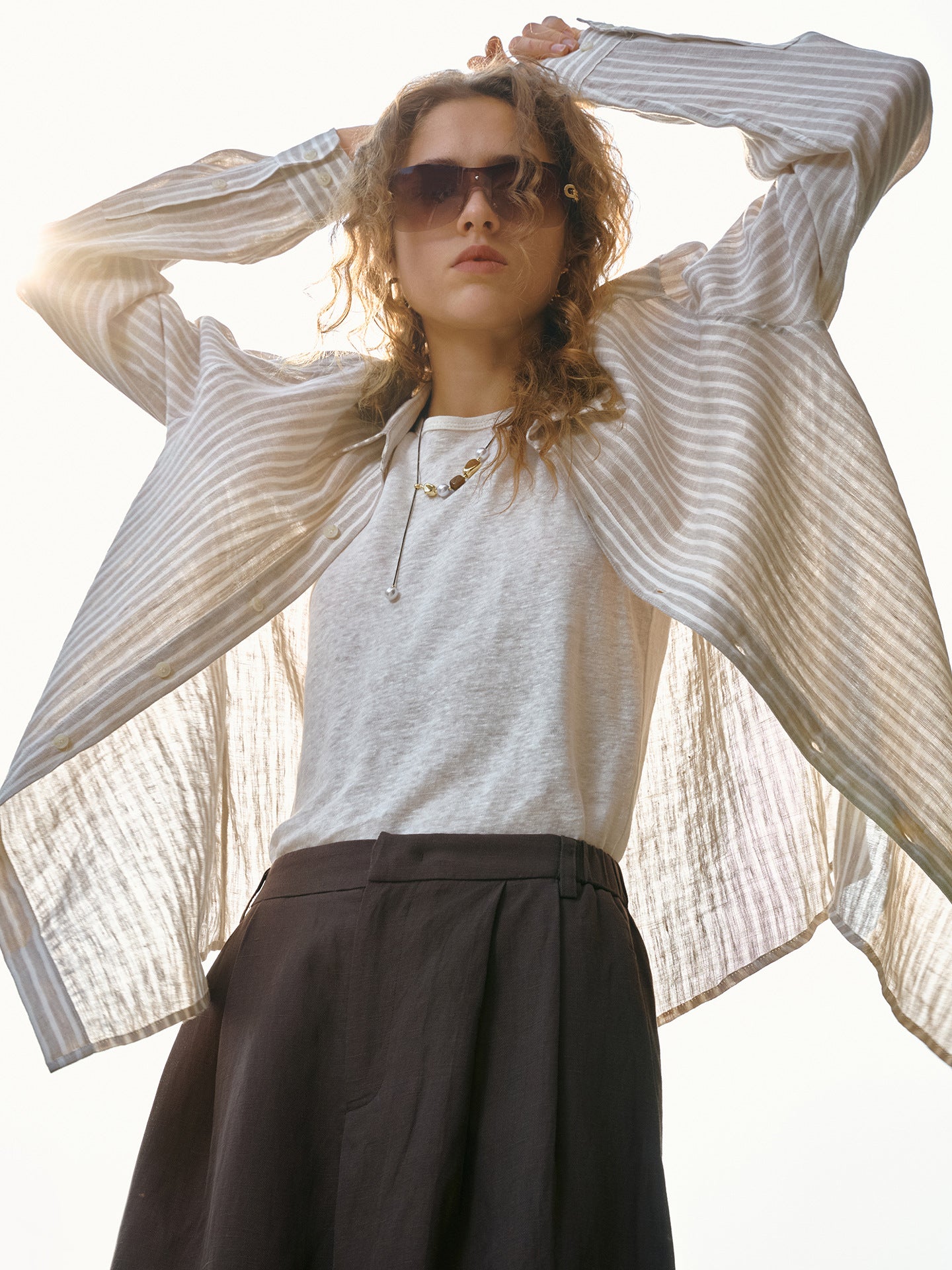 Women's linen check long-sleeved loose-fitting collar shirt