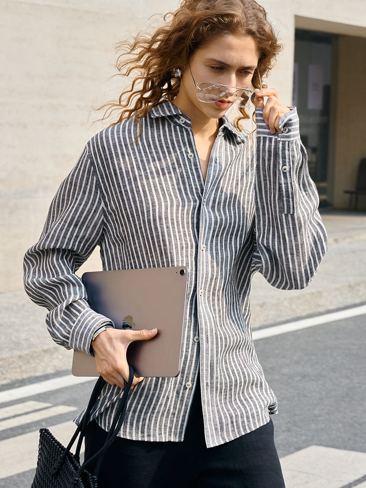 Women's linen check long-sleeved loose-fitting collar shirt